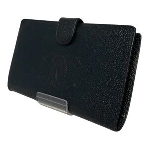 CHANEL Black Pebbled Leather Snap Wallet with Embossed CC